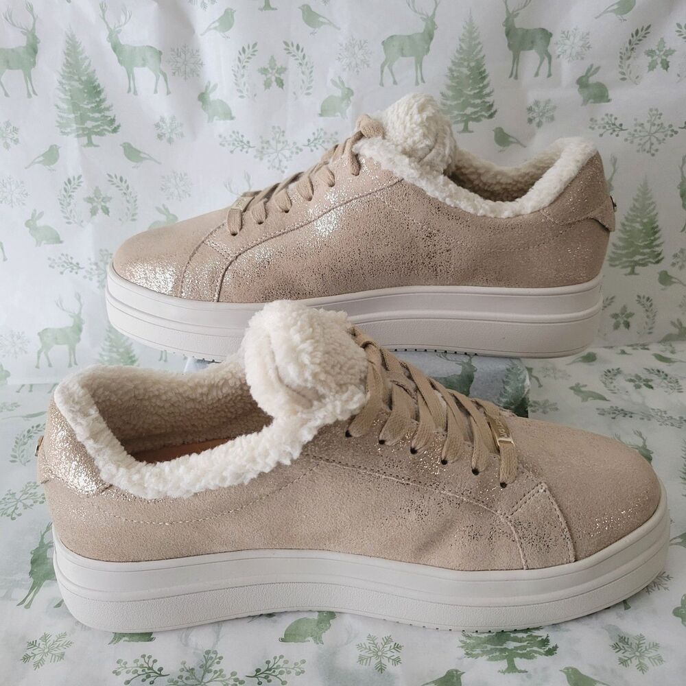 J/Slides NYC Faux Fur Platform Sneakers Women's 8.5 Gold Shimmer Suede Lace Up